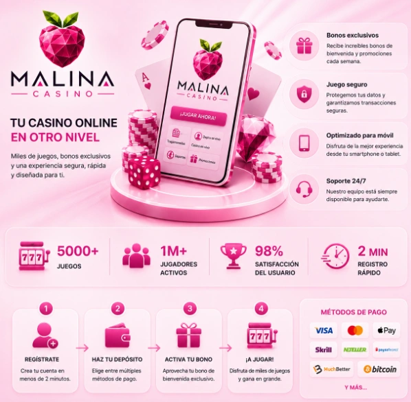 Vista del sitio web de Malina Casino con menú y juegos